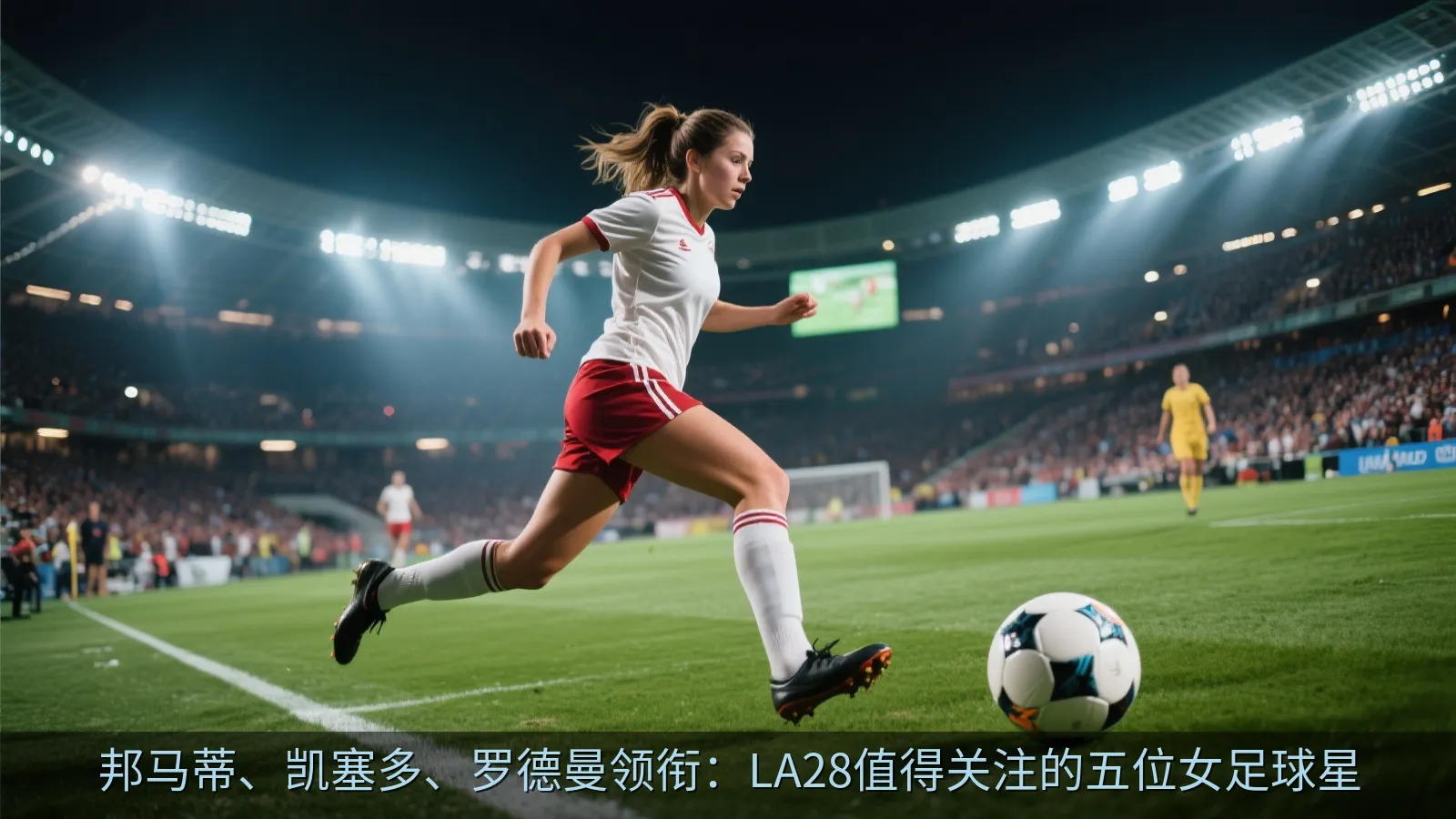女子足球运动员在大型体育场比赛中带球突破