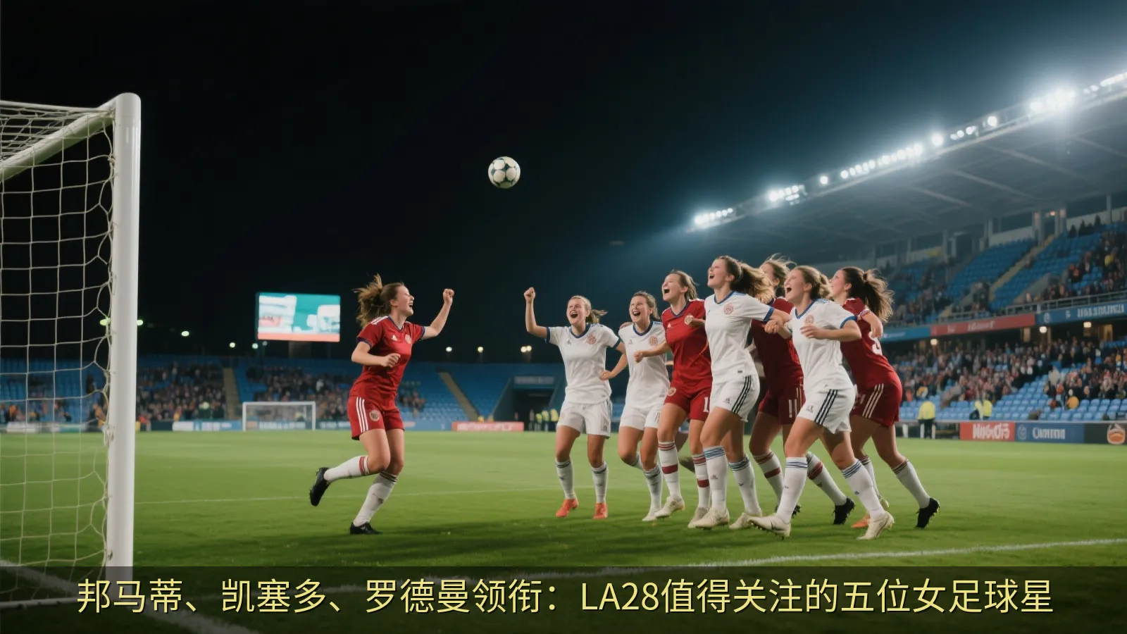 女子足球队员在夜间球场庆祝进球